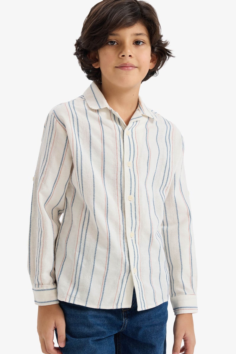 DeFacto Beige Boy Boy Oversize Polo Collar Striped Shirt Casual - Image 1